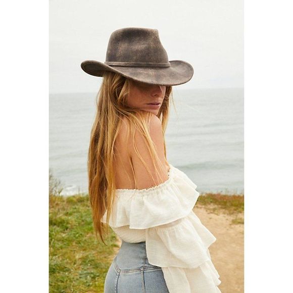 Free People Accessories - Free People Trail Dusted Cowboy Hat Brown Felt Wool Wide Brim Western Rancher